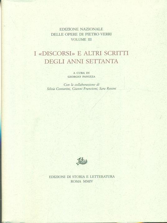 Opere III: I discorsi e altri scritti degli anni Settanta - Pietro Verri - copertina