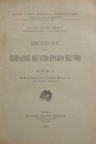 Ricerche sulla eliminazione dell'acido ippurico nell'uomo. Nota I - copertina