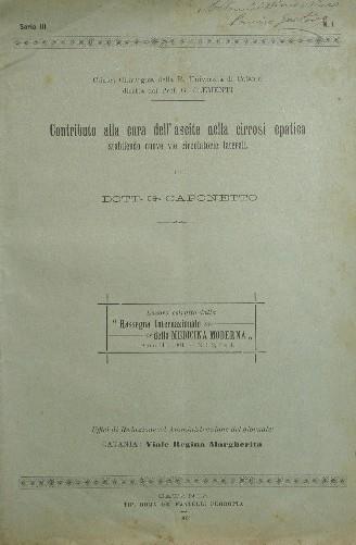 Contributo alla cura dell'ascite nella cirrosi epatica stabilendo nuove vie circolatorie laterali - Gaetano Caponetto - copertina