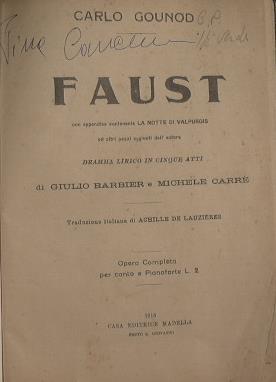 Faust. Dramma lirico in cinque atti di J. Barbier e M. Carré - Charles Gounod - copertina