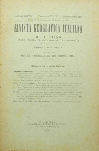 Rivista geografica italiana e bollettino della Società di studi geografici e coloniali. Settembre-Dicembre 1920. Periodico mensile - copertina