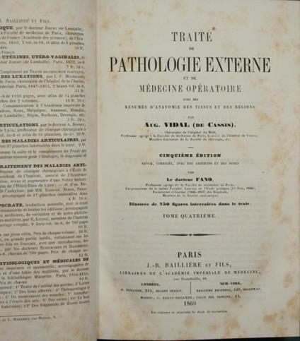 Traité de pathologie externe et de médecine opératoire. Vol. IV. Avec des résumés d'anatomie des tissus et des régions - Augusto Vidal - copertina