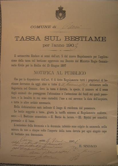 Bando Comune di Carini Tassa sul bestiame per l'anno 1903 - copertina