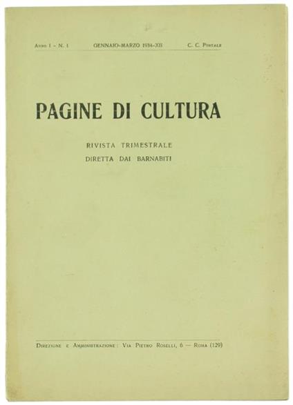 Pagine di Cultura. Rivista Trimestrale Diretta dai Barnabiti. Anno i - N. 1 - copertina