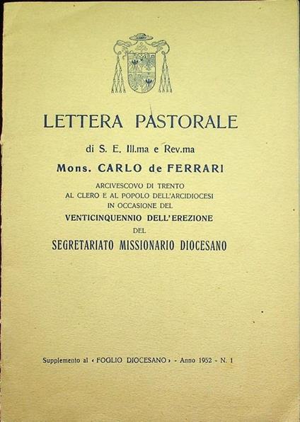 Lettera pastorale. Suppl. al Foglio diocesano a. 1952, n. 1 - Carlo De Ferrari - copertina