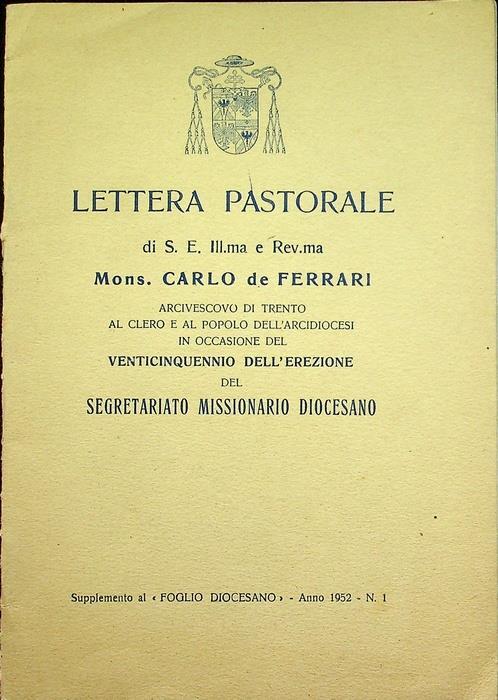 Lettera pastorale. Suppl. al Foglio diocesano a. 1952, n. 1 - Carlo De Ferrari - copertina
