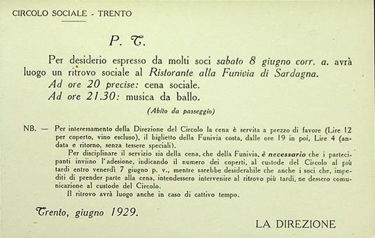 Circolo sociale: Trento: Per desiderio espresso da molti soci sabato 8 giugno avrà luogo un ritrovo sociale al Ristorante alla Funivia di Sardagna - copertina