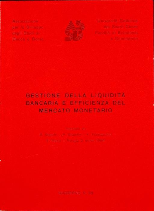 Gestione della liquidità bancaria e efficienza del mercato monetario - Benito Bianchi - copertina