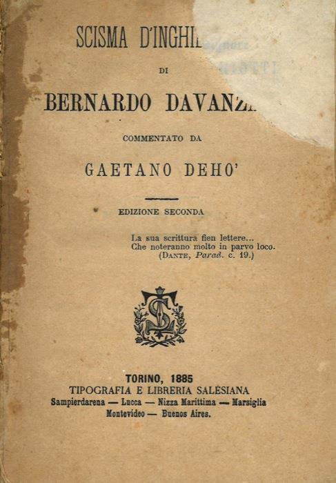 Scisma d'Inghilterra. Commentato da Gaetano Deh˜. Edizione seconda - Bernardo Davanzati - copertina