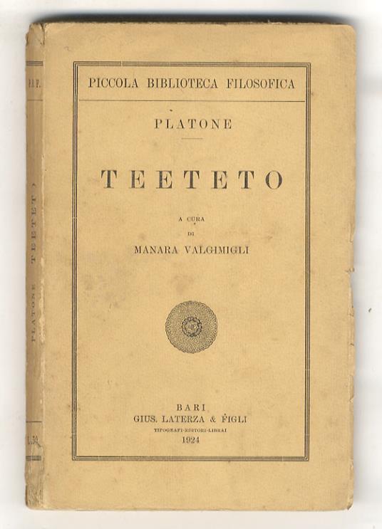 Teeteto. A cura di Manara Valgimigli - Platone - copertina