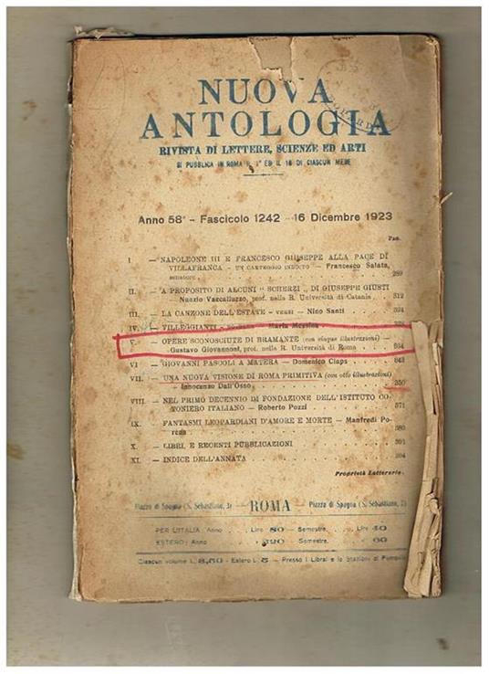 Nuova Antologia, rivista quindicinale di lettere, scienze ed arti, anno 58°, fascicolo 1242, del 16 dicembre 1923. Contiene: Napoleone III e Francesco Giuseppe alla Pace di Villafranca Opere sconosciute di Bramante Una nuova visione di Roma primitiva - copertina