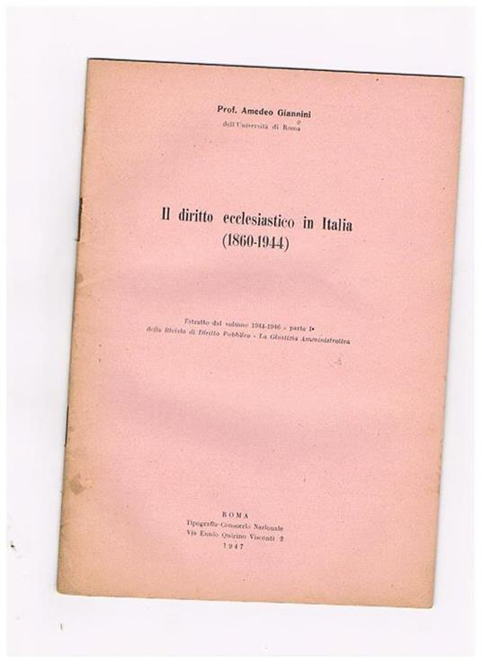 Il diritto ecclesiastico in Italia (1860-1944). Estratto - Amedeo Giannini - copertina