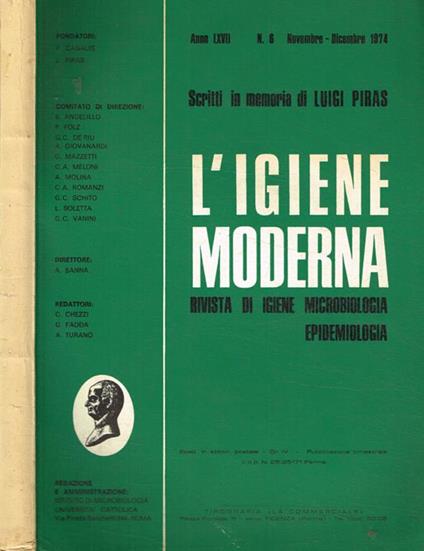 L' igiene moderna. Rivista di igiene microbiologia epidemiologia. Anno LXVII n.6. Scritti in memoria di Luigi Piras - A. Sanna - copertina