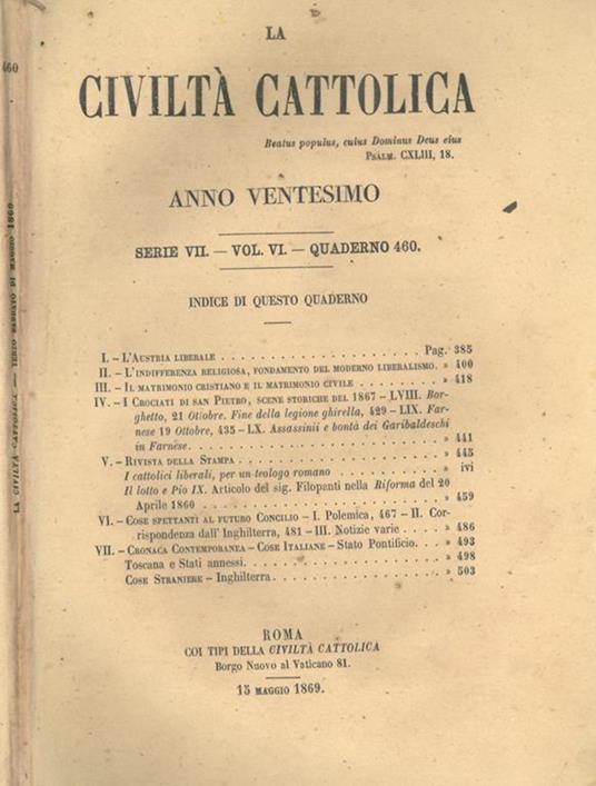 La Civiltà Cattolica 1869 - copertina