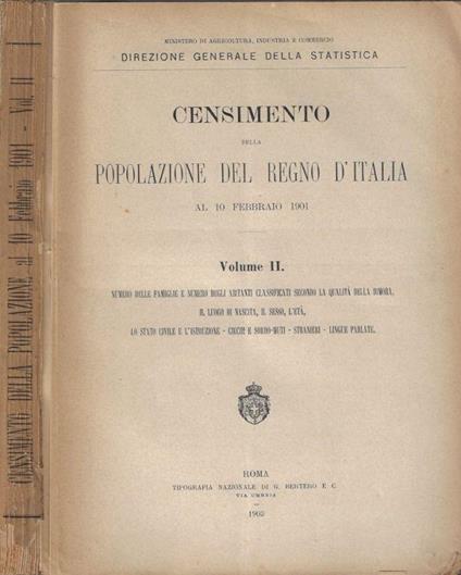 Censimento della popolazione del Regno d'Italia al 10 febbraio 1901 Vol II - copertina
