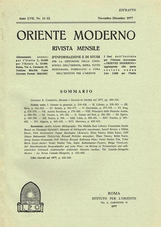 Oriente Moderno Anno Lvii N.11-12 Estratto. Rivista Mensile D'Informazione E Di Studi Per La Diffusione Della Conoscenza Dell'Oriente Sopra Tutto Musulmano - copertina