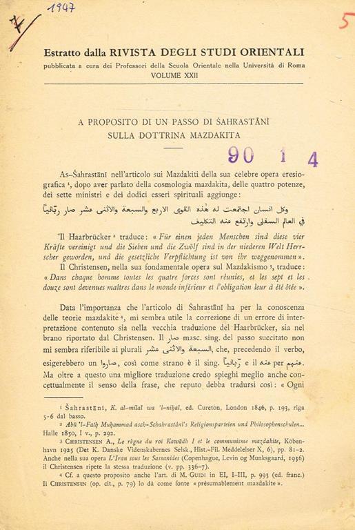 A Proposito Di Un Passo Di Sahrastani Sulla Dottrina Mazdakita. Estratto Dalla Rivista Degli Studi Orientali Volume Xxii - Alessandro Bausani - copertina