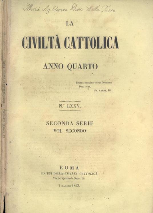 La Civiltà Cattolica 1853 - copertina