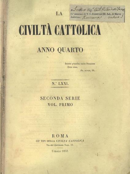 La Civiltà Cattolica 1853 - copertina