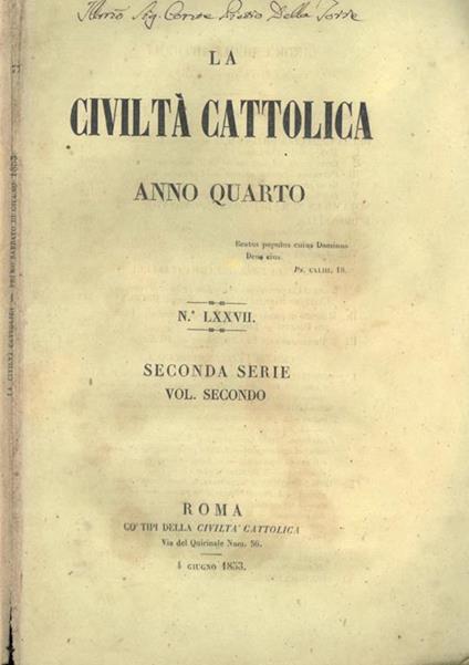 La Civiltà Cattolica 1853 - copertina