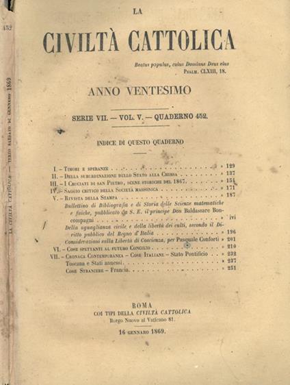 La Civiltà Cattolica 1869 - copertina