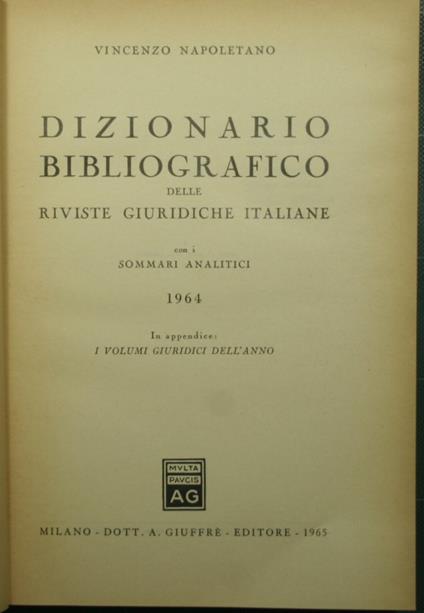 Dizionario bibliografico delle riviste giuridiche italiane con i sommari analitici - 1964 - copertina