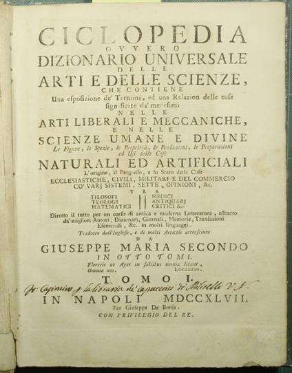Ciclopedia ovvero Dizionario universale delle arti e delle scienze - copertina
