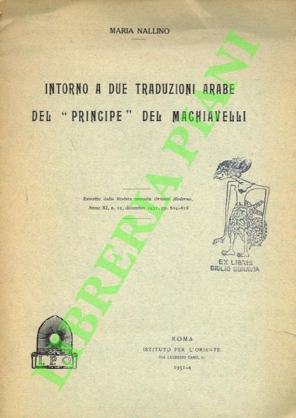 Intorno a due traduzioni arabe del “Principe del Machiavelli - copertina