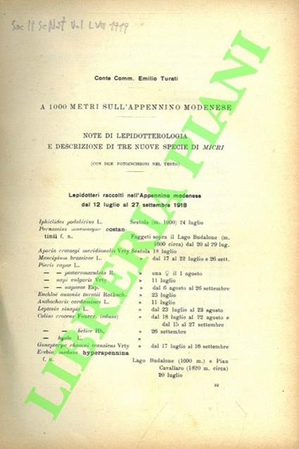 A 1000 metri sull'Appennino modenese. Note di lepidotterologia e descrizione di tre nuove specie di Micri. SEGUITO DA: Studi sui Lucanidi. VI: Sul genere Homoderus e specialmente sull'H. Mellyi parr - copertina