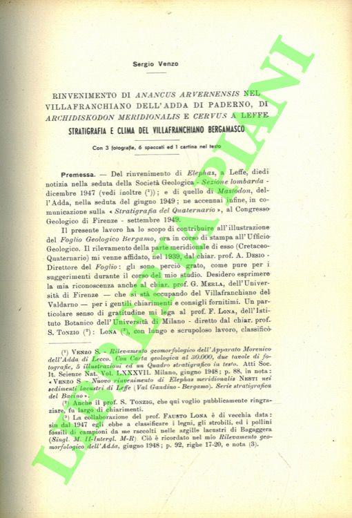 Rinvenimento di Anancus arvernensis nel villafranchiano dell'Adda di Paderno, di Archidiskodon meridionalis e Cervus a Leffe. Stratigrafia e clima del villafranchiano bergamasco - copertina