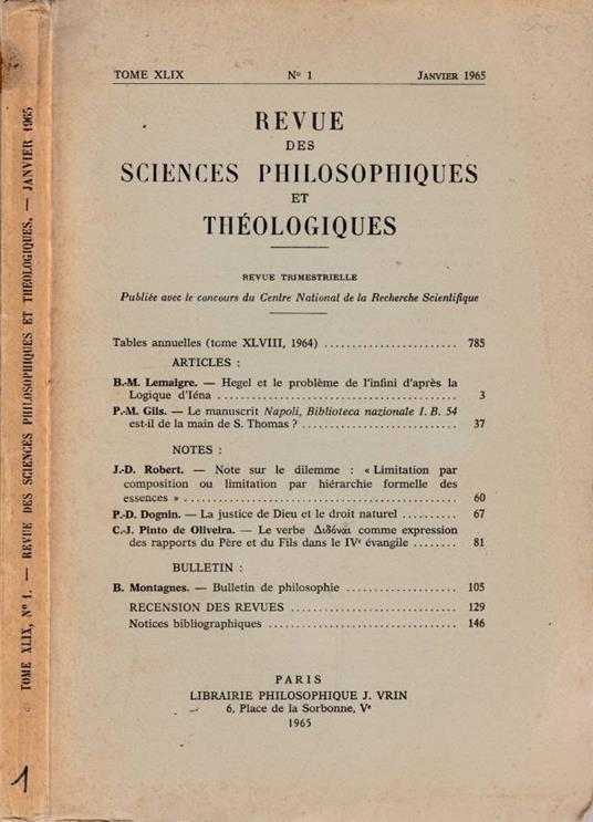 Revue des sciences philosophiques et theologiques tomo XLIX - copertina