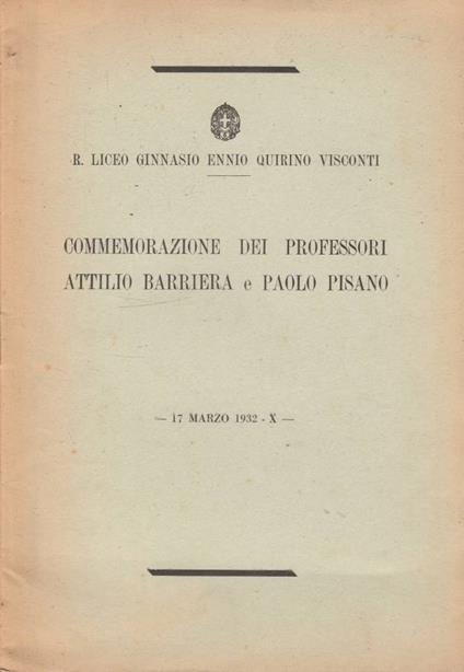 Commemorazione dei professori Attilio Barriera e Paolo Pisan - copertina