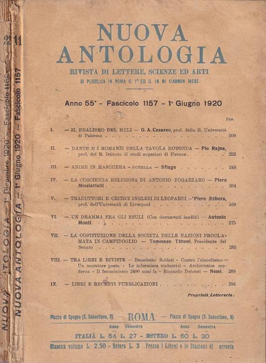 Nuova antologia, anno 55, fasc., 1157 e 1169, 1920 - copertina