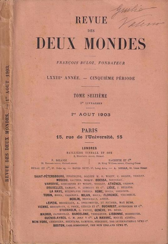 Revue des deux mondes, tomo 16, anno LXXIII, 1903 - copertina
