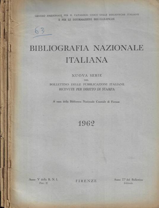 Bibliografia Nazionale Italiana fasc. II-V-VIII Anno 1962 - copertina