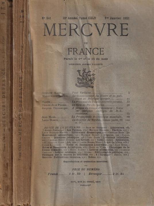 Mercure de France n. 541-542 Anno 1921 - copertina