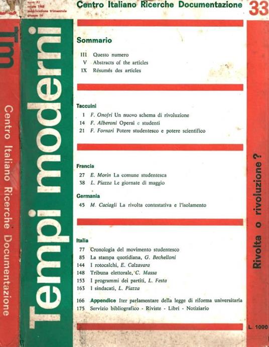 Tempi moderni. Pubblicazione trimestrale. Anno XI, estate 19 - copertina