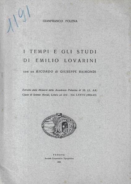 I tempi e gli studi di Emilio Lovarini - Gianfranco Folena - copertina