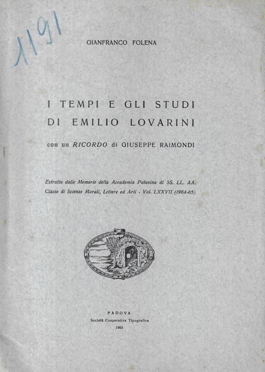 I tempi e gli studi di Emilio Lovarini - Gianfranco Folena - copertina