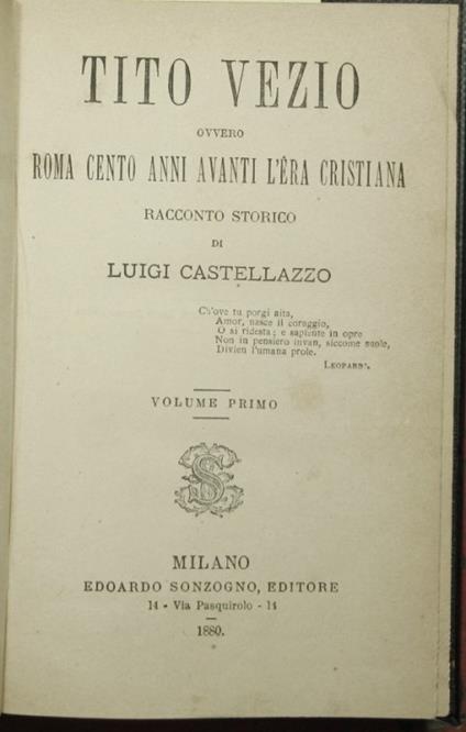Tito Vezio ovvero Roma cento anni avanti l'era cristiana - copertina