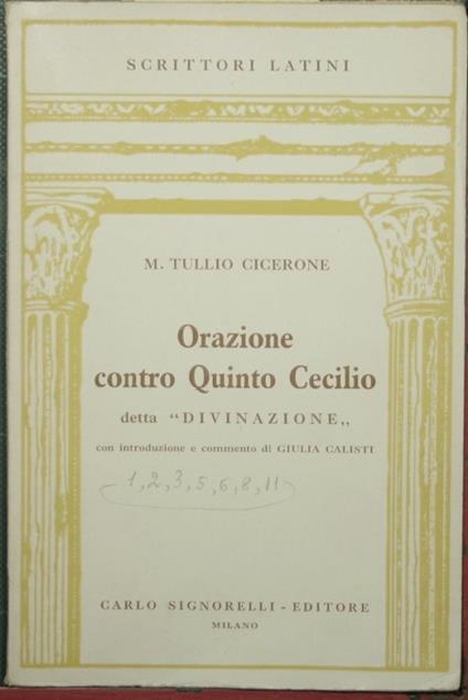 Orazione contro Quinto Cecilio detta 'Divinazione' - Marco Tullio Cicerone - copertina