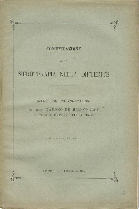 Comunicazione sulla Sieroterapia nella difterite - copertina