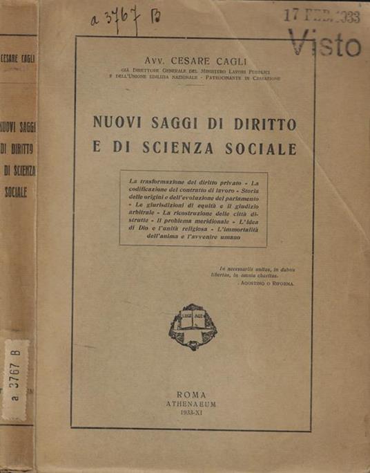 Nuovi saggi di diritto e di scienza sociale - Cesare Cagli - copertina