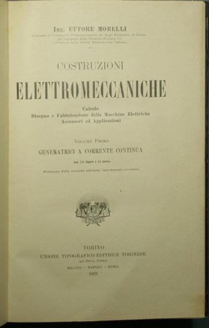 Costruzioni elettromeccaniche - Vol. I Generatrici a corrente continua - Ettore Morelli - copertina