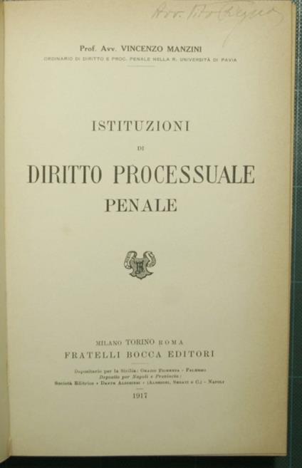Istituzioni di diritto processuale penale - Vincenzo Manzini - copertina