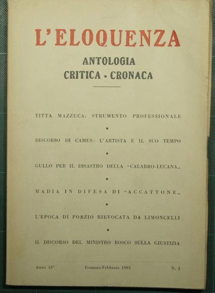 L' eloquenza - Anno 53 - Gennaio-Febbraio 1963 - N. 1 - copertina