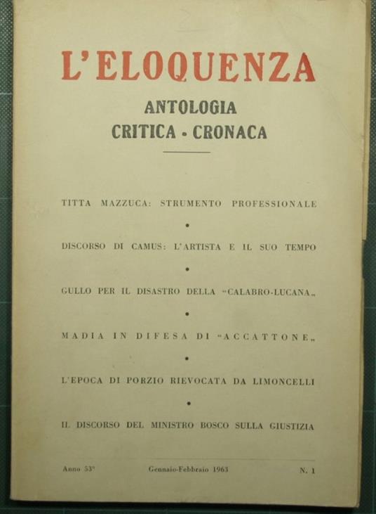 L' eloquenza - Anno 53 - Gennaio-Febbraio 1963 - N. 1 - copertina