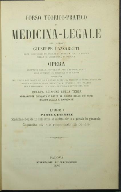 Corso teorico pratico di medicina legale - Giuseppe Lazzari - copertina