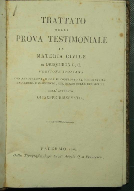 Trattato della prova testimoniale in materia civile - copertina