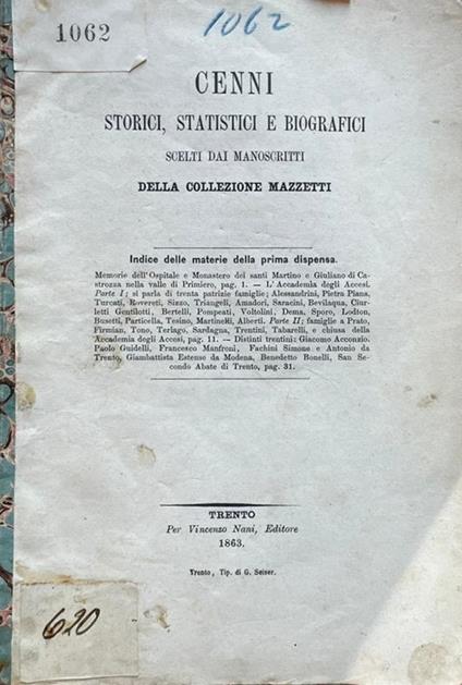 Cenni storici, statistici e biografici scelti dai manoscritti della Collezione Mazzetti - Carlo Perini - copertina